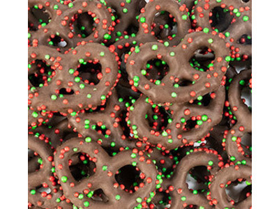 Milk Chocolate Pretzels with Red & Green Nonpareils 15lb