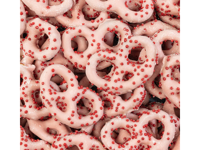 Strawberry Yogurt Covered Pretzels with Red Nonpareils 15lb