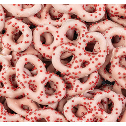 Strawberry Yogurt Covered Pretzels with Red Nonpareils 15lb