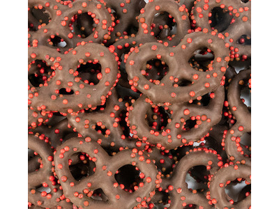 Milk Chocolate Covered Pretzels with Red Nonpareils 15lb