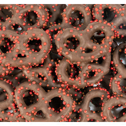 Milk Chocolate Covered Pretzels with Red Nonpareils 15lb