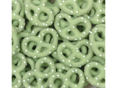 Key Lime Yogurt Covered Pretzels with White Nonpareils 15lb