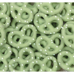 Key Lime Yogurt Covered Pretzels with White Nonpareils 15lb