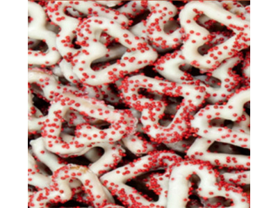 White Yogurt Covered Heart Pretzels with Red Nonpareils 15lb