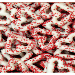 White Yogurt Covered Heart Pretzels with Red Nonpareils 15lb