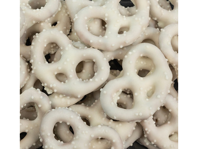 Coconut Yogurt Covered Pretzels with White Nonpareils 15lb